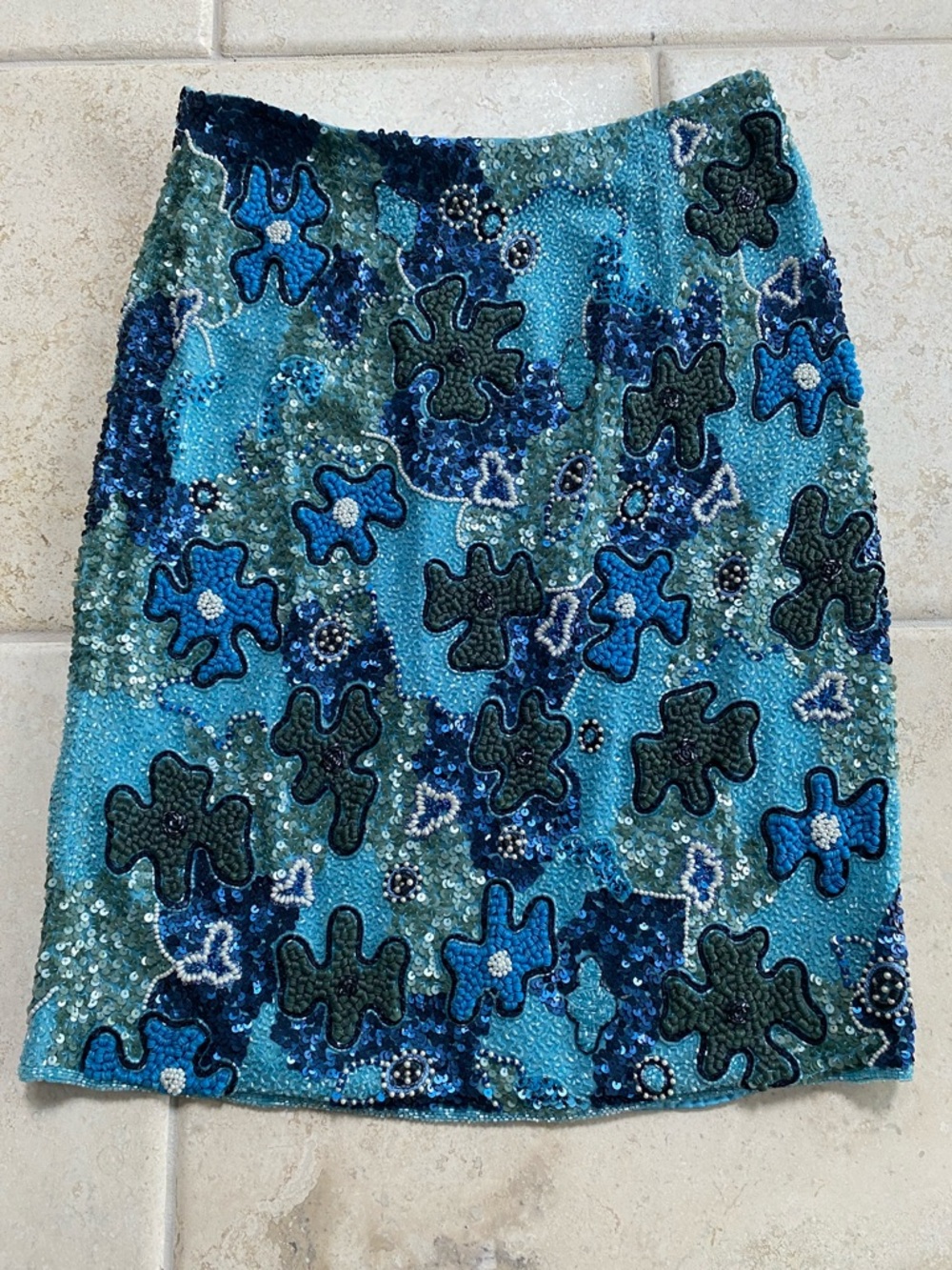 Embellished Teal & Aqua Sequin Pencil Skirt Size 12